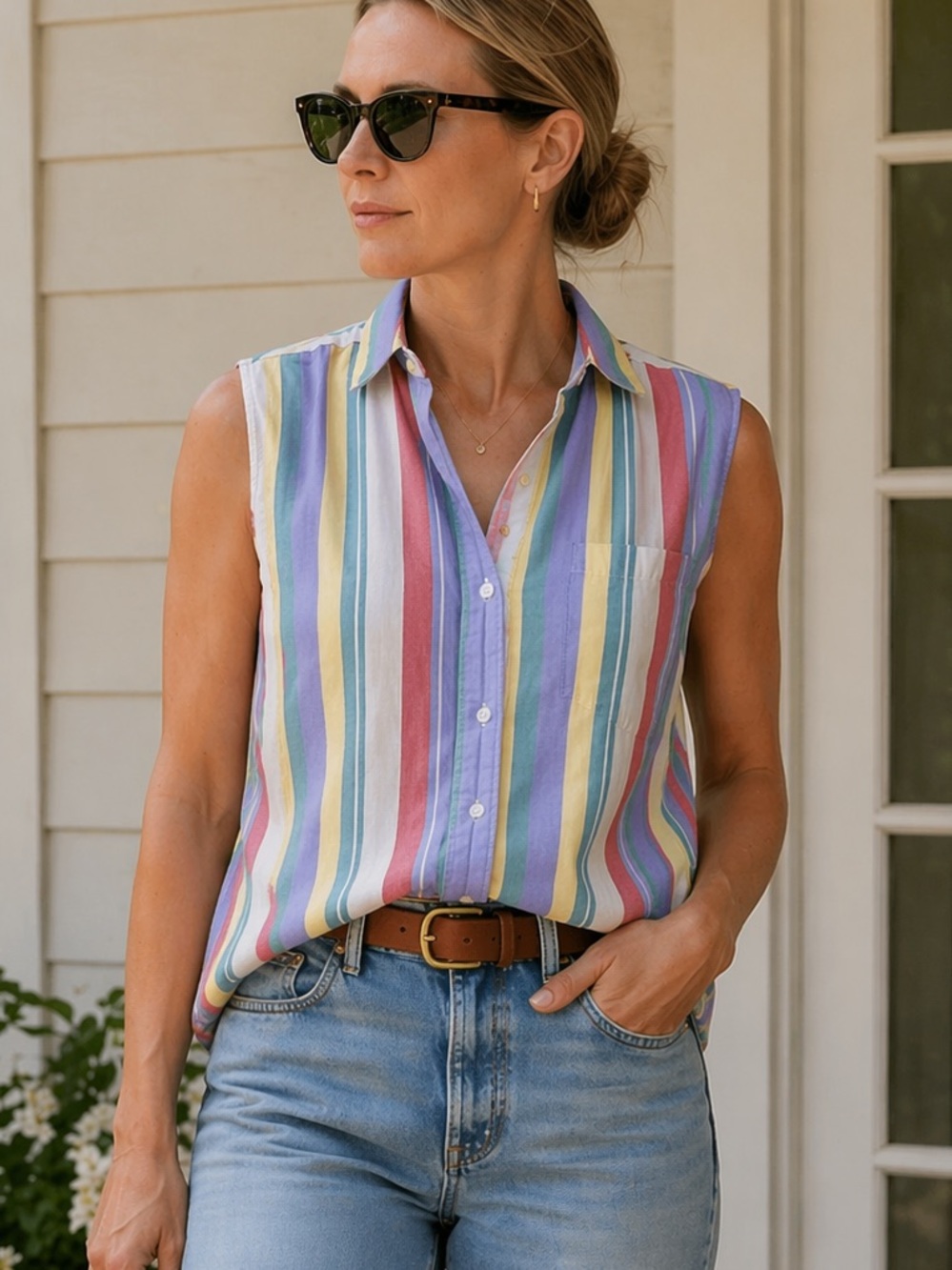 Vintage Eddie Bauer 90s Stripe Sleeveless Button Down Top Size Small